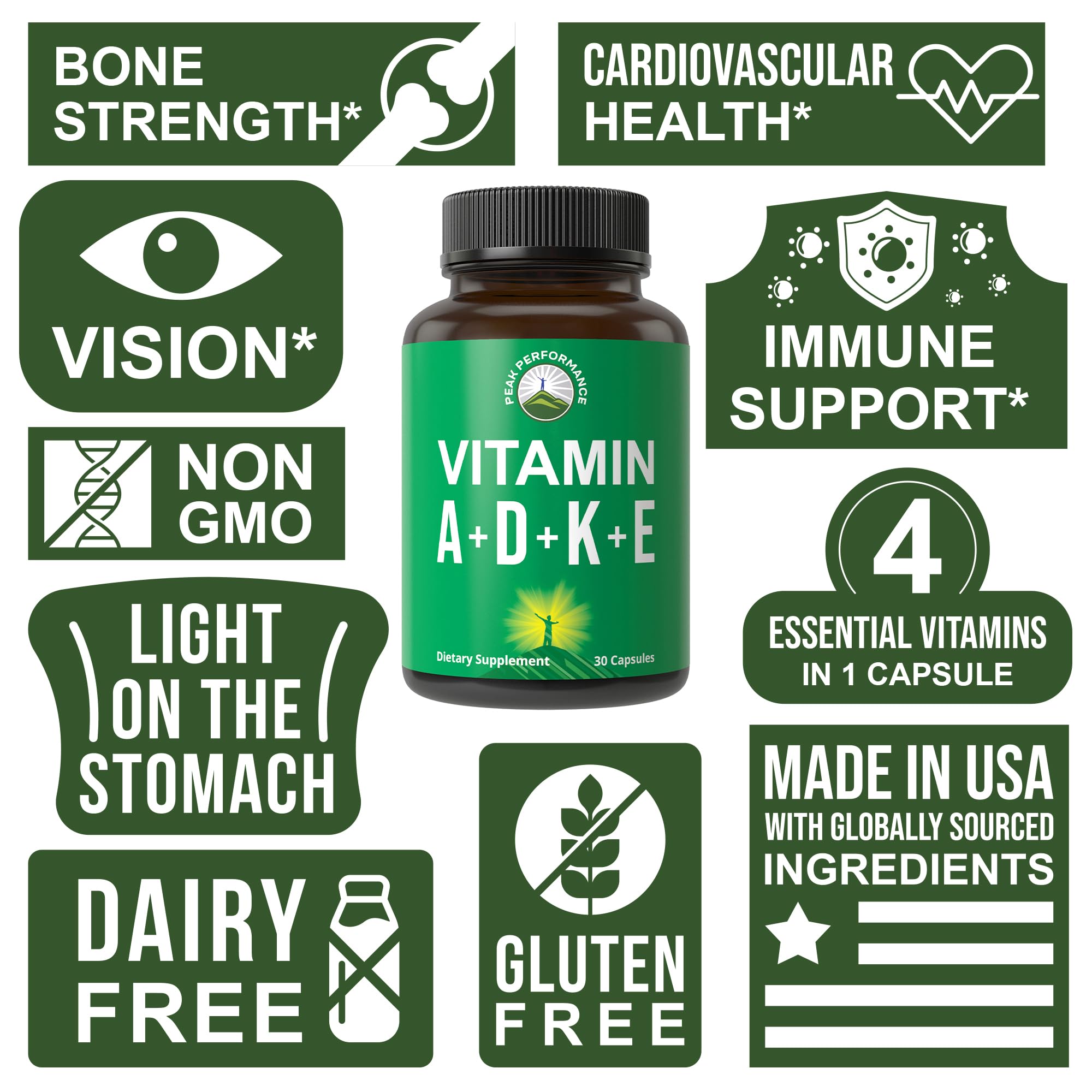 Peak Performance Vitamins D 5,000 iu + A + K + E All in 1 Vegan Capsule | ADK Vitamin Supplement with E D3 K2. Essential Vitamins for Mood, Immune, Bone, Vision, Heart. Easy to Swallow Capsules