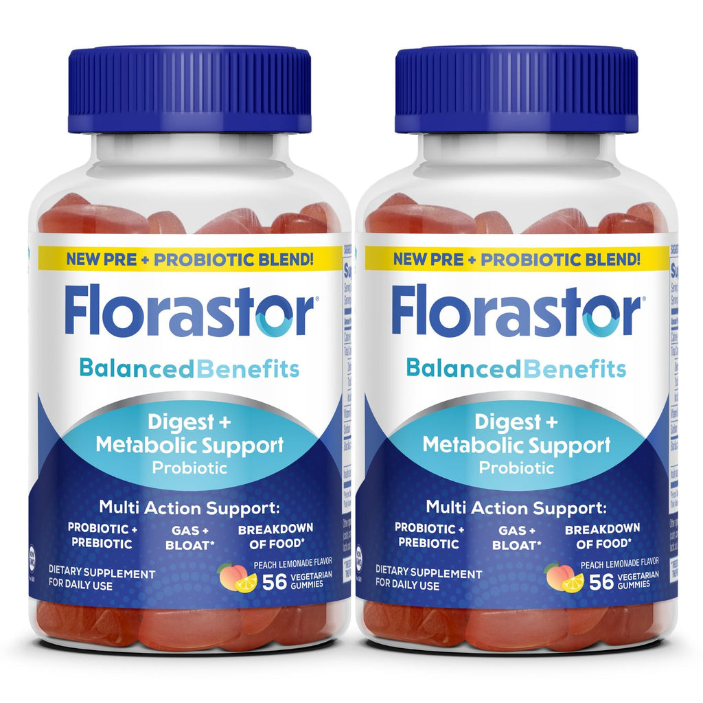 Florastor Prebiotic and Probiotic Gummies with Vitamin B12, 56 Gummies | Digestive and Metabolic Support Blend for Multi-Action Care, Probiotic Gummies for Women and Men