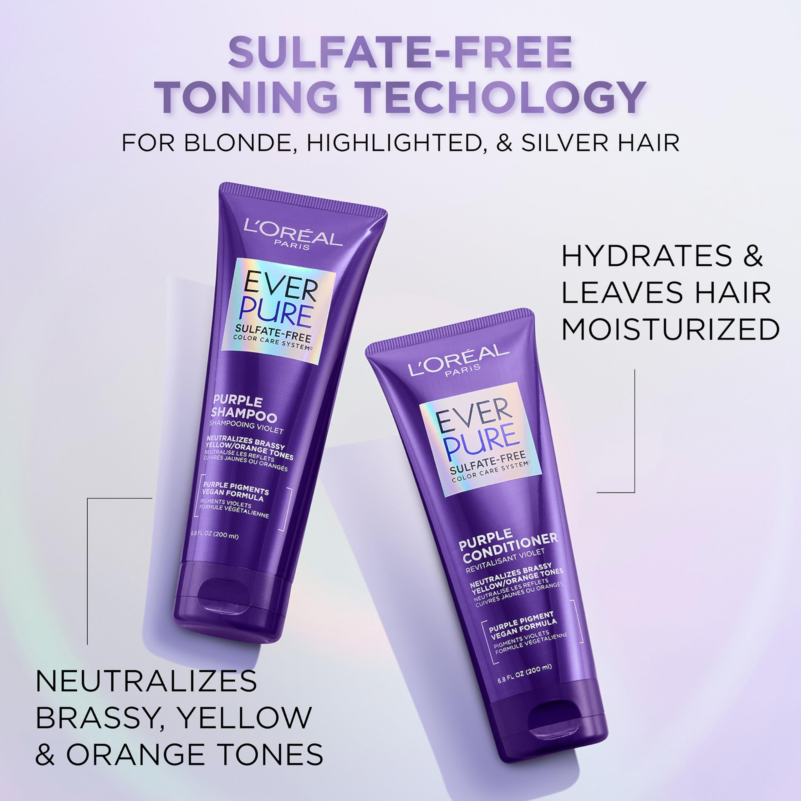 L'Oreal Paris EverPure Purple Shampoo and Conditioner Set, Sulfate-Free Brass Toning for Blonde, Bleached, Highlighted, Silver or Gray Color-Treated Hair, 13.6 Fl Oz Set