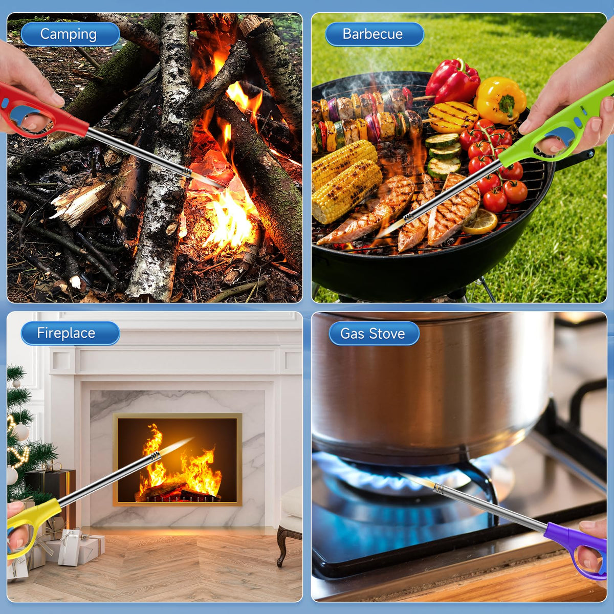 4 Packs Lighters, Candle Lighter Long Lighters Soft Flame, Refillable Butane Lighter with Long Stems and Adjustable Flame for Camping Fireplace Party BBQ Grill Grill Kitchen- NOT PREFILLED
