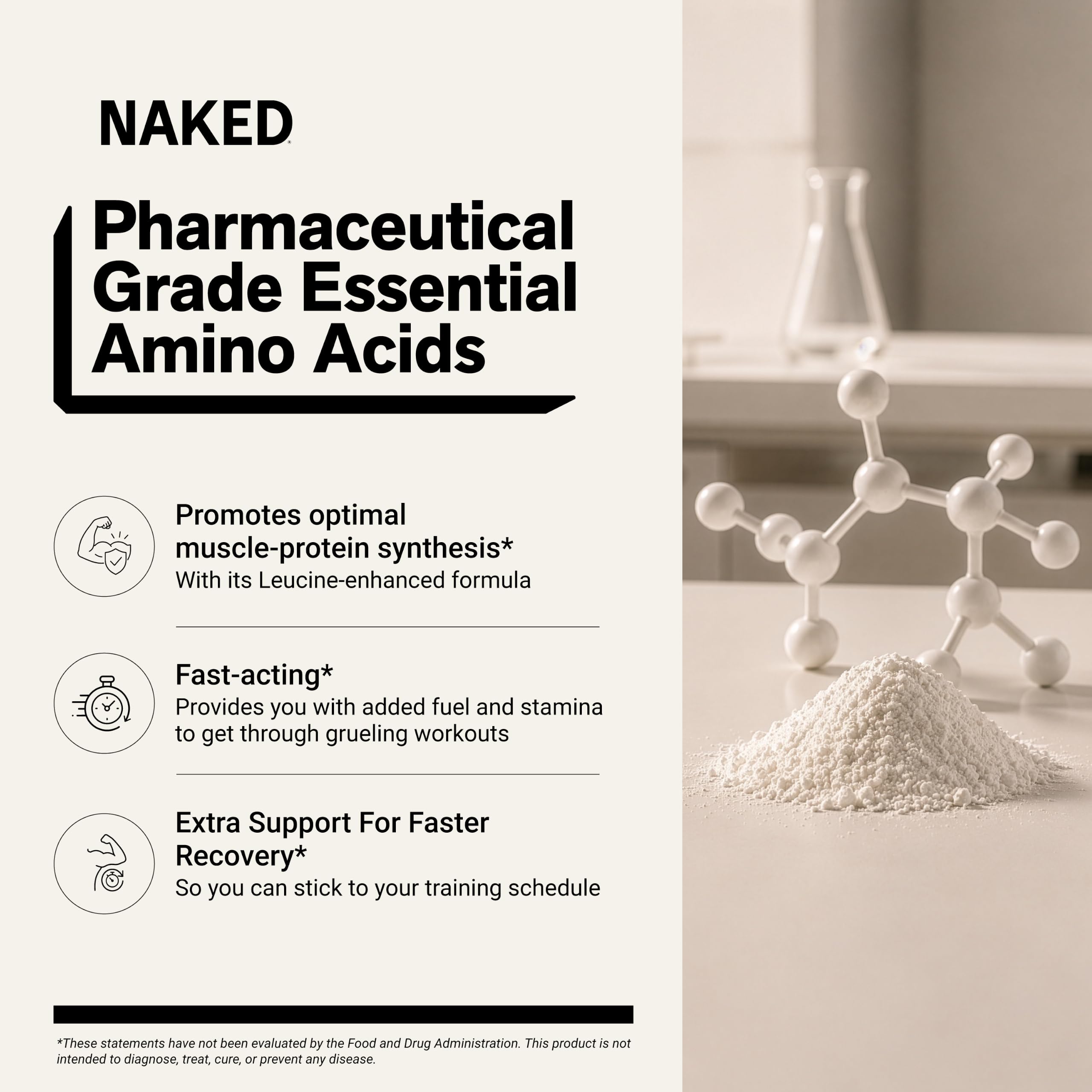 NAKED EAAs Amino Acids Powder - 50 Servings - Vegan Unflavored Essential Amino Acids 500 Grams - Instantized All Natural EAAs Powder Supplement