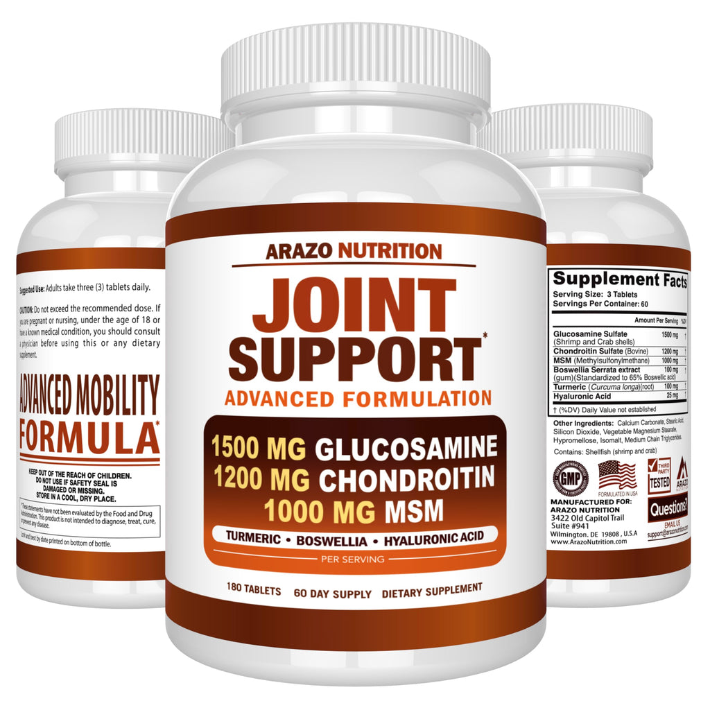 Arazo Nutrition Glucosamine Chondroitin Turmeric Msm Boswellia - Joint Support Supplement for Relief for Bones, Back, Knees, Hands (180 Tablets)
