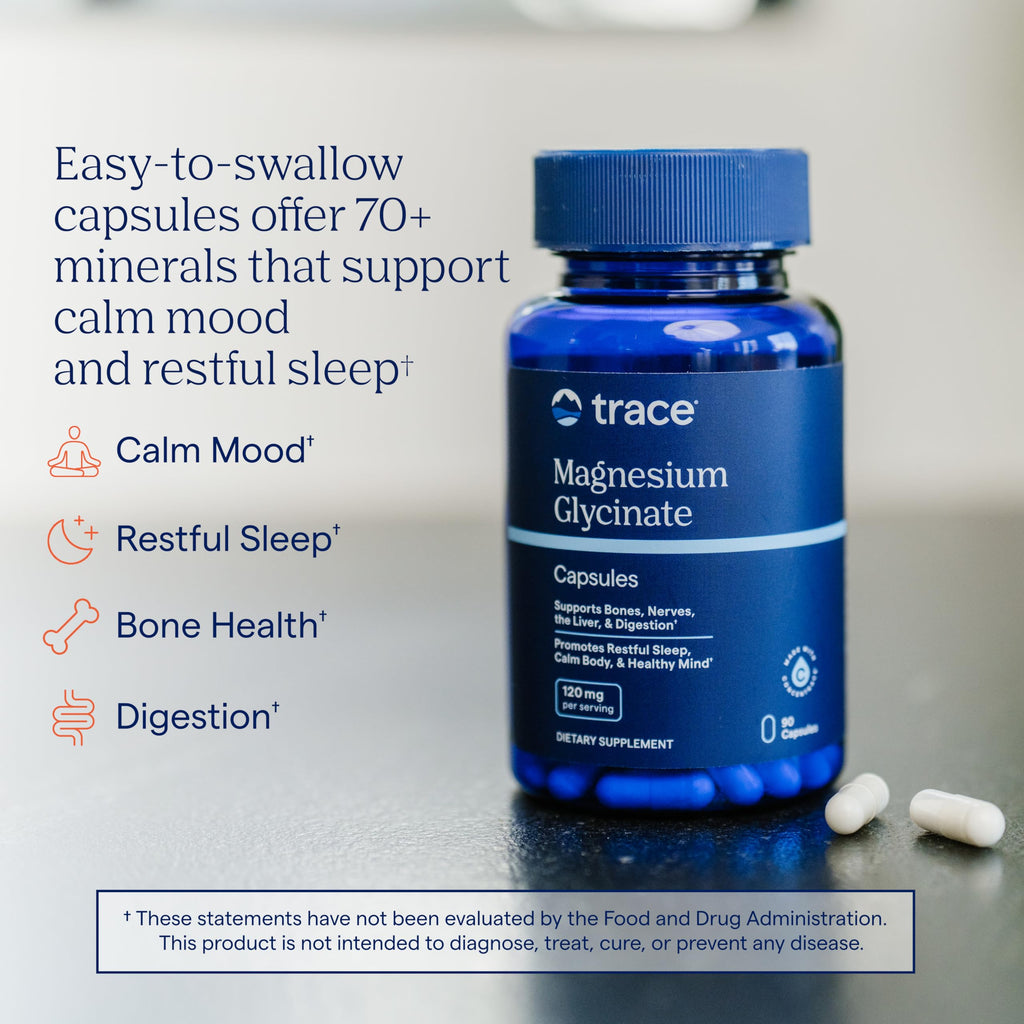 Trace Minerals Magnesium Glycinate Capsules, 120 mg, 90 Count | Chelated for high absorption, Ionic trace minerals, Gentle on stomach, Supports REM cycles