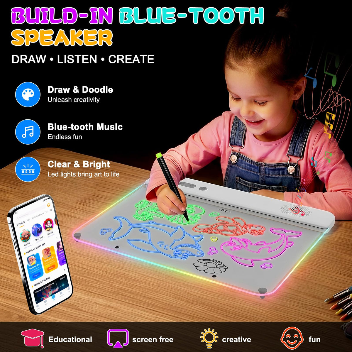 16" LED Drawing Board with Blue-Tooth,Kids Birthday Gift for Girls,Boys