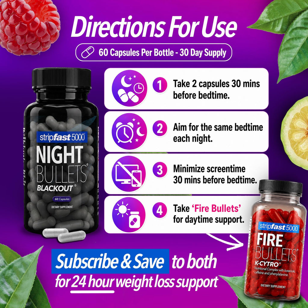 Night Bullets Weight Loss Pills for Women & Men, Stim-Free Nighttime Fat Burner, GLP-1 Support, Appetite Suppressant, Diet Pills with Ashwagandha & CLA, 60 Capsules