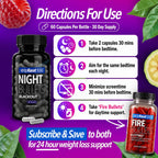 Night Bullets Weight Loss Pills for Women & Men, Stim-Free Nighttime Fat Burner, GLP-1 Support, Appetite Suppressant, Diet Pills with Ashwagandha & CLA, 60 Capsules