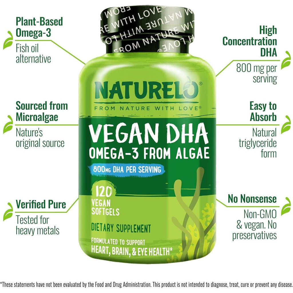 Buy now NATURELO Vegan DHA - Omega 3 Oil from Algae - Supplement for Brain, Heart, Joint, Eye Health - Provides Essential Fatty Acids for Women Men and Kids - Complements Prenatal Vitamins - 120 Softgels at indiglob india