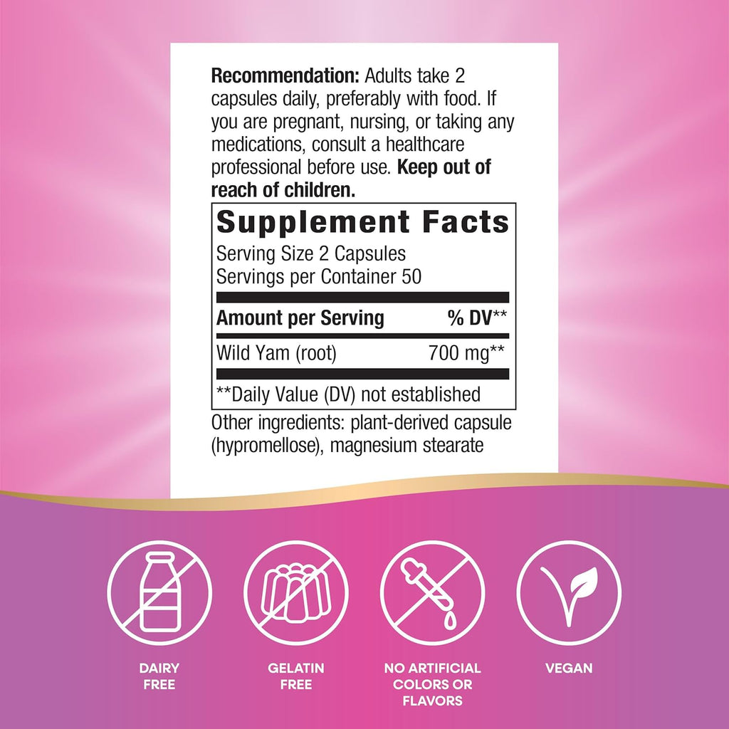 Buy now Nature's Way Wild Yam Root Capsules, Women's Traditional Health Support*, 700 mg per 2-Capsule Serving, Non-GMO Project Verified, 100 Vegan Capsules (Packaging May Vary) at indiglob india