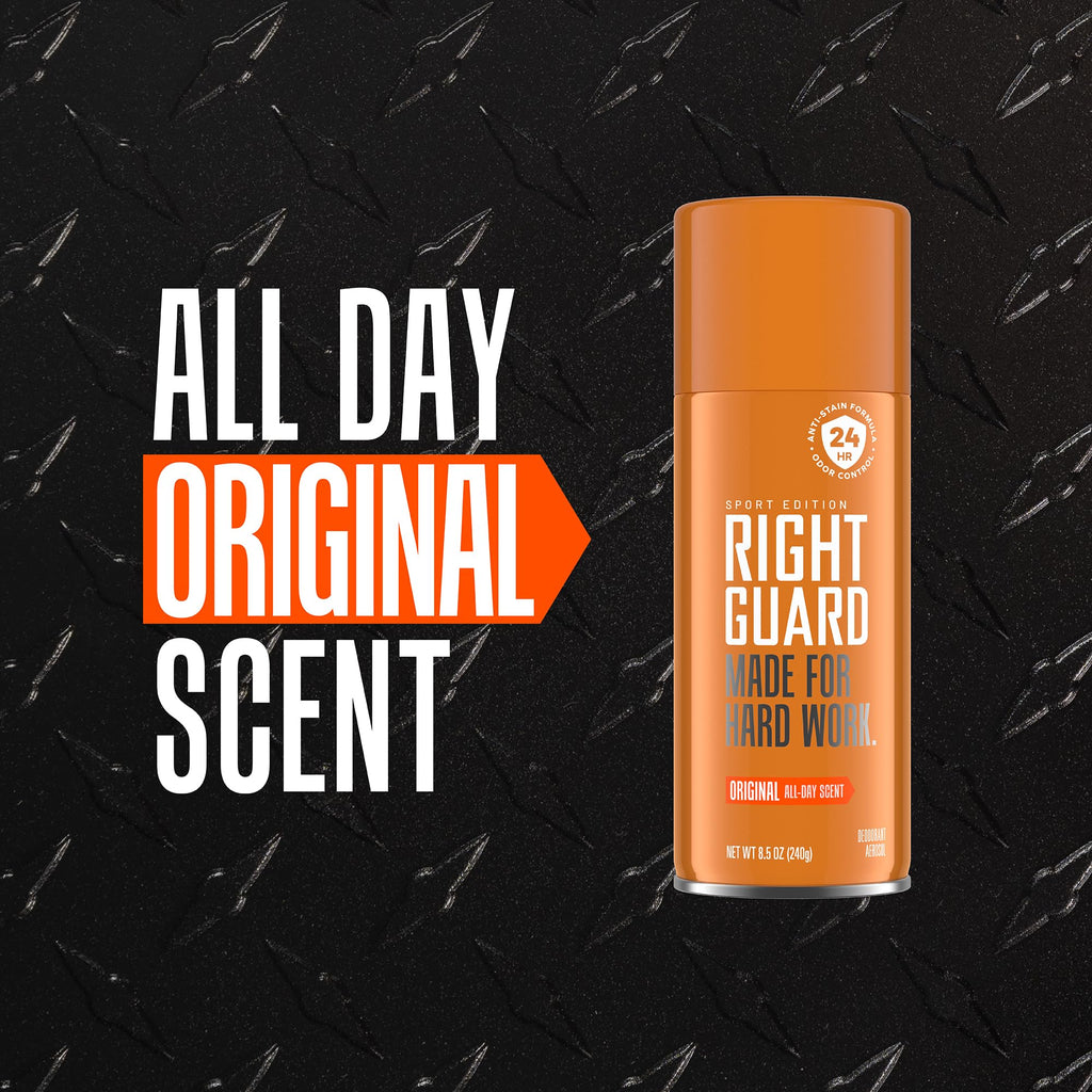 Right Guard Sport Original Scent Deodorant Spray - Aluminum Free Spray Deodorant for Men, 24-Hour Odor Protection, Anti-Stain, & Long-Lasting, 8.5 oz (2 Pack)