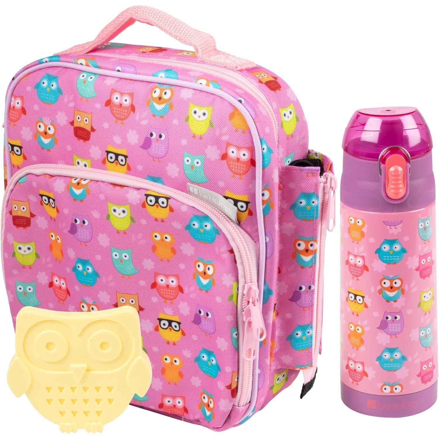 Buy now Bentology Kids Lunch Bag Set w Matching Reusable Water Bottle & Hard Ice Pack- Blue Purple Cheetah Cat- Insulated Tote, Stainless Steel Insulated Thermos, Hard Ice Pack- Back to School Lunchbox Kits Owl at indiglob india