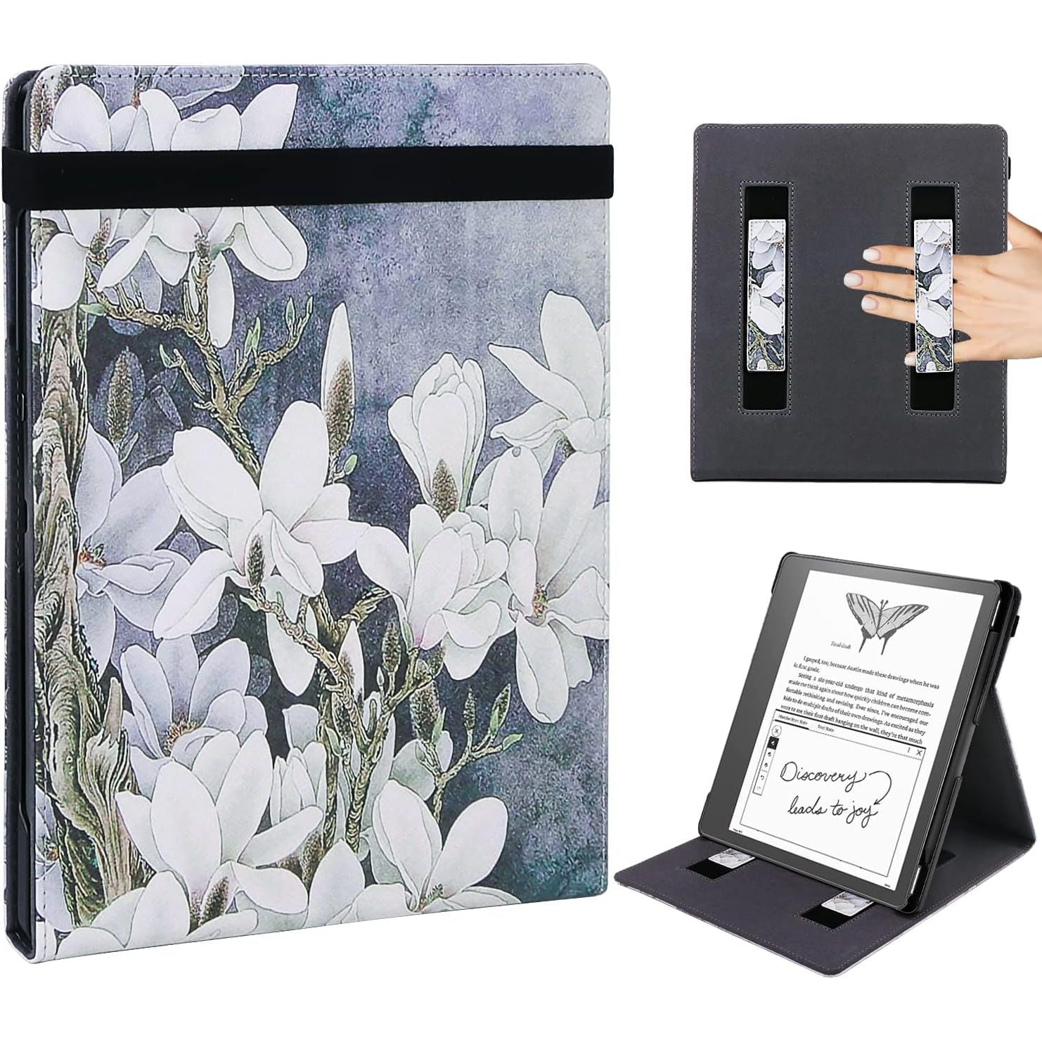 Buy now WALNEW Flip Case for 10.2-inch Kindle Scribe 2024/2022 Released, Two Hand Straps and Vertical Multi-Viewing Stand Cover with Auto Wake/Sleep for 10.2” Amazon Kindle Scribe E-Reader(Gray) White Flowers at indiglob india