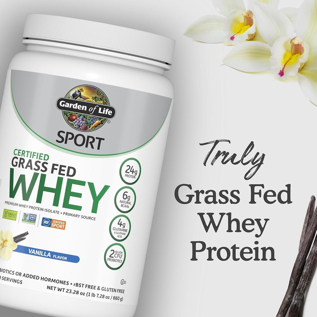 Buy now Garden of Life SPORT Whey Protein Powder Vanilla, Premium Grass Fed Whey Protein Isolate plus Probiotics for Immune System Health, 24g Protein, Non GMO, Gluten Free, Cold Processed - 20 Servings at indiglob india