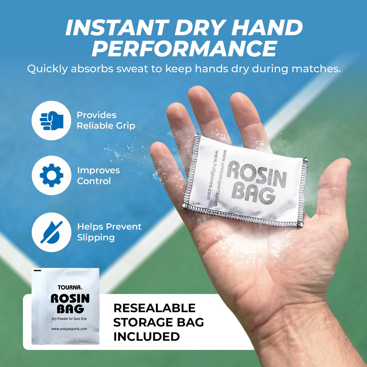 Tourna Rosin Bag – Tennis & Pickleball Grip Enhancer – Dry Hand Grip Powder for Sweat Control – Non-Slip Sports Rosin for Racket and Paddle Sports – Made in USA