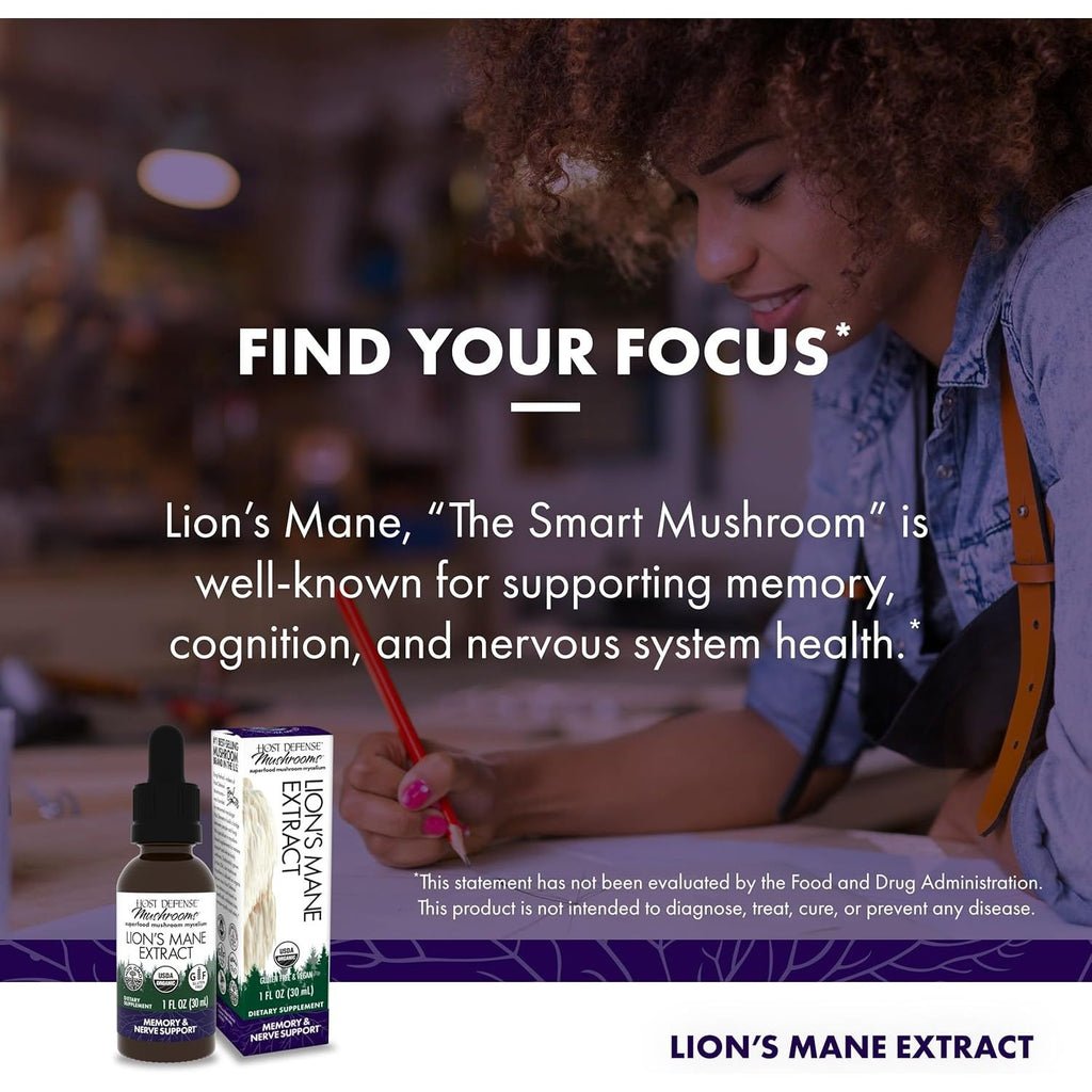 Buy now Host Defense Mushrooms Lion's Mane Extract - Lion's Mane Liquid Supplement for Brain Health - Mushroom Support for Focus & Memory Function - Immune & Nervous System Support - 1 fl oz (30 Servings)* at indiglob india