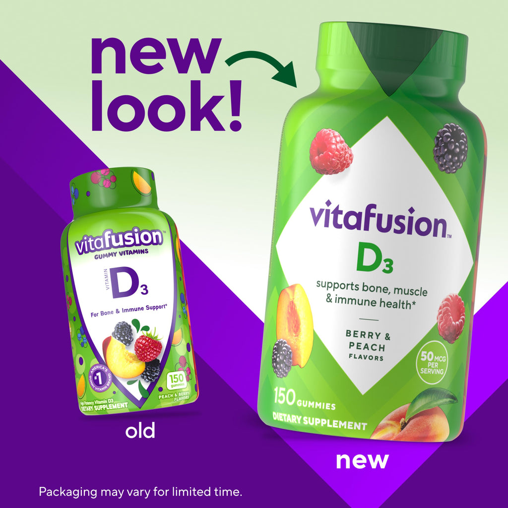 Vitafusion Vitamin D3 Gummies | 50 mcg | 150 Gummy Vitamins | for Adult Women and Men | Berry & Peach Flavor | Gluten-Free Bone and Immune Supplement