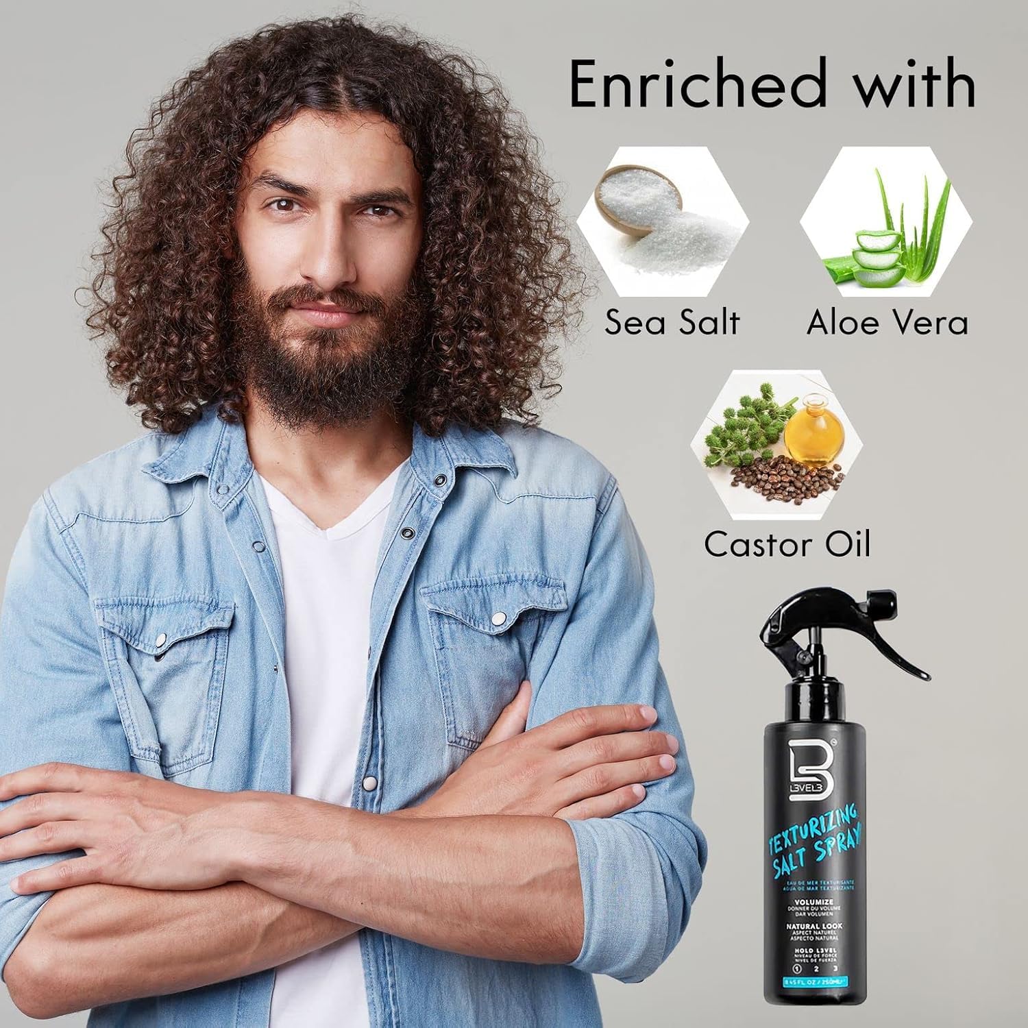 L3 Level 3 Sea Salt Spray for Hair, Texturizing, Beachy Waves, 8.45 fl oz | Texture spray, hair texture spray, light flexible hold, surf spray, casual finish, adds body and definition