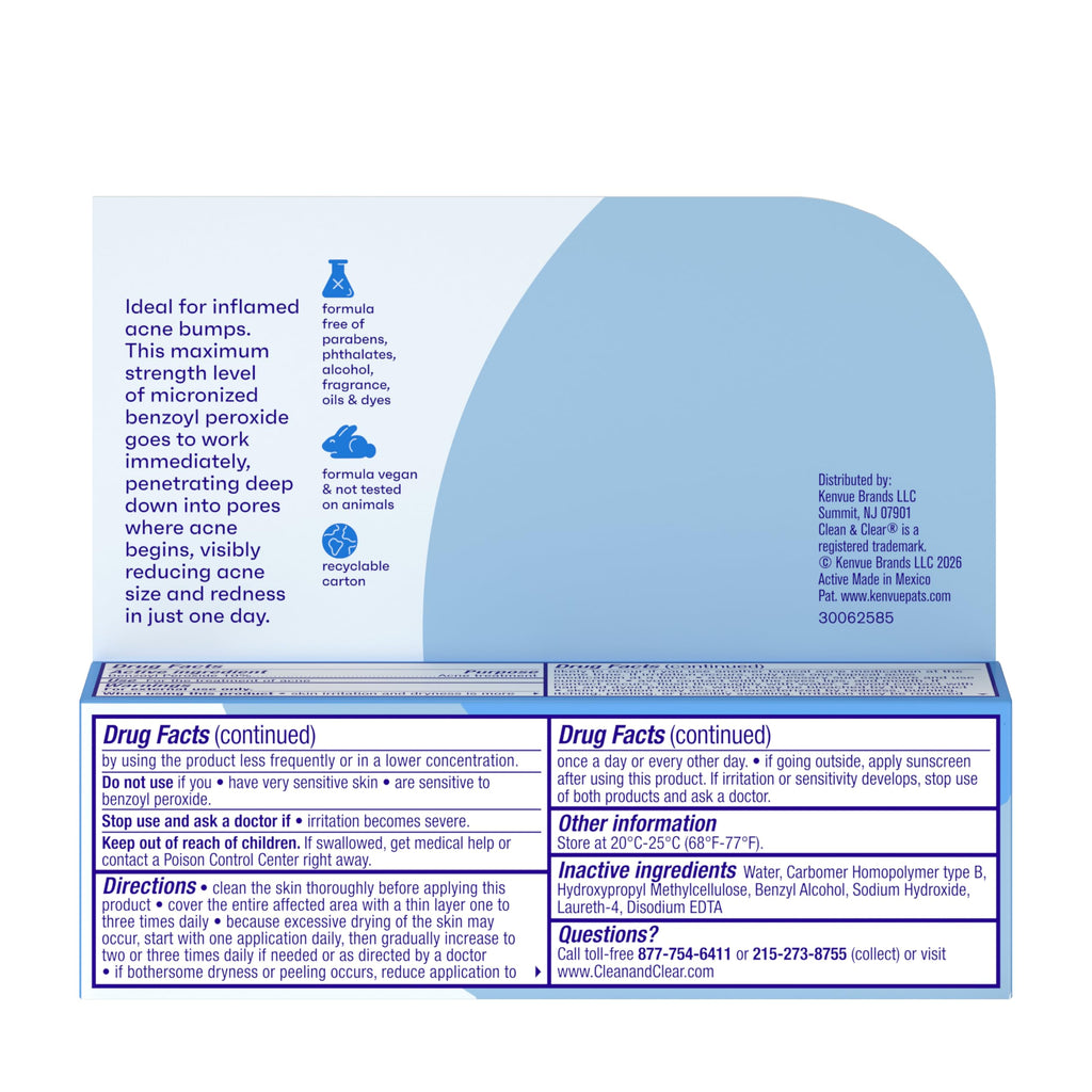 Clean & Clear Persa-Gel 10 Acne Spot Treatment, 1 fl. oz | Topical Pimple Cream, Oil-Free, Maximum Strength 10% Benzoyl Peroxide, Visibly Reduces Acne in One Day, Fragrance-Free