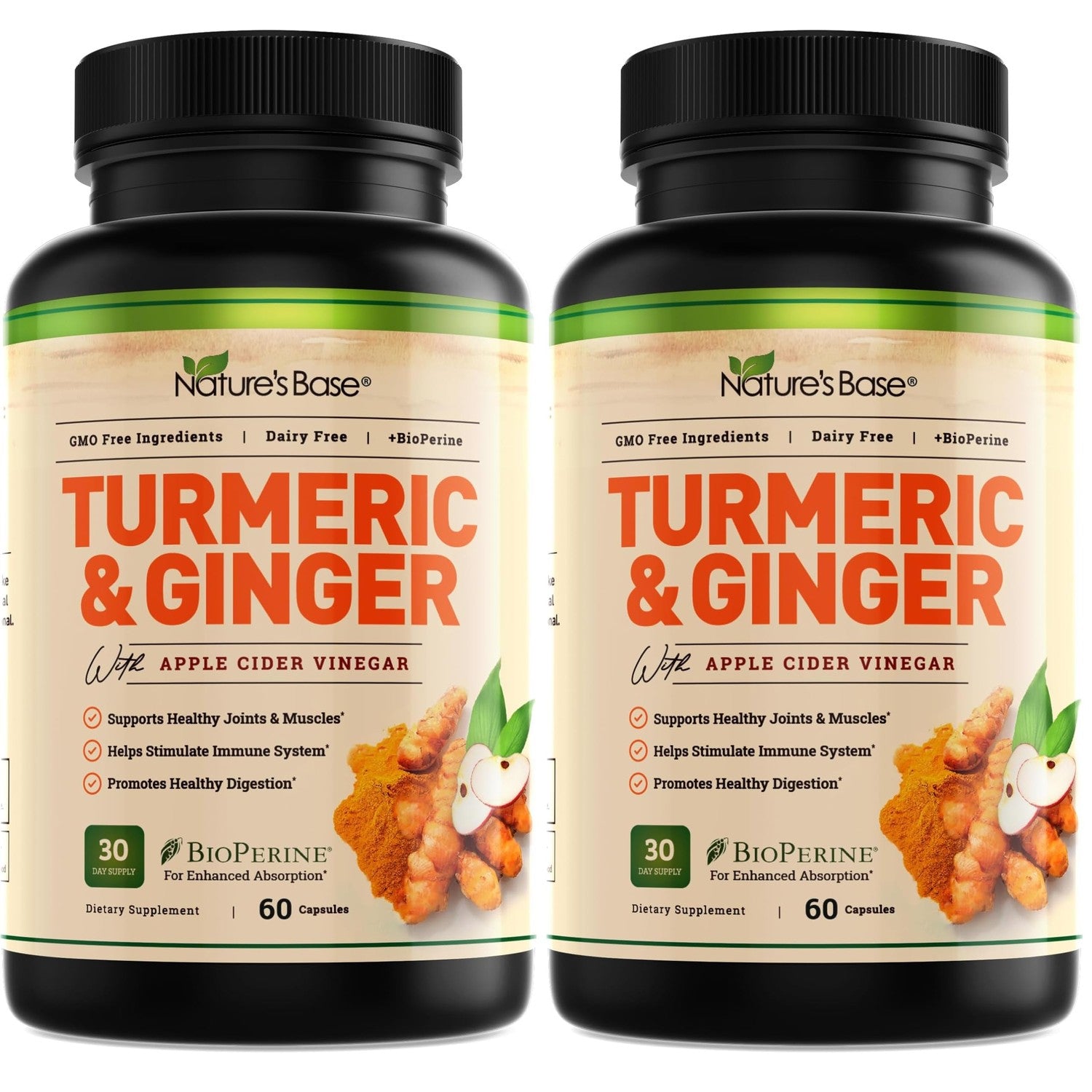 Nature's Base Turmeric and Ginger Supplement with Curcumin, ACV & BioPerine | Joint & Digestive Support, 95% Curcuminoids, Apple Cider Vinegar, Black Pepper Extract for Enhanced Absorption, 240 Capsules