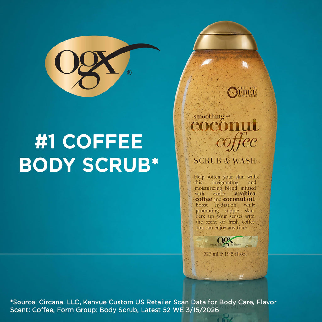 OGX Smoothing + Coconut Coffee Body Scrub, 19.5 fl oz | Infused with Arabica Coffee & Coconut Oil, Exfoliating, Hydrating Body Wash, Dry Skin, Paraben-Free, Sulfate-Free Surfactants