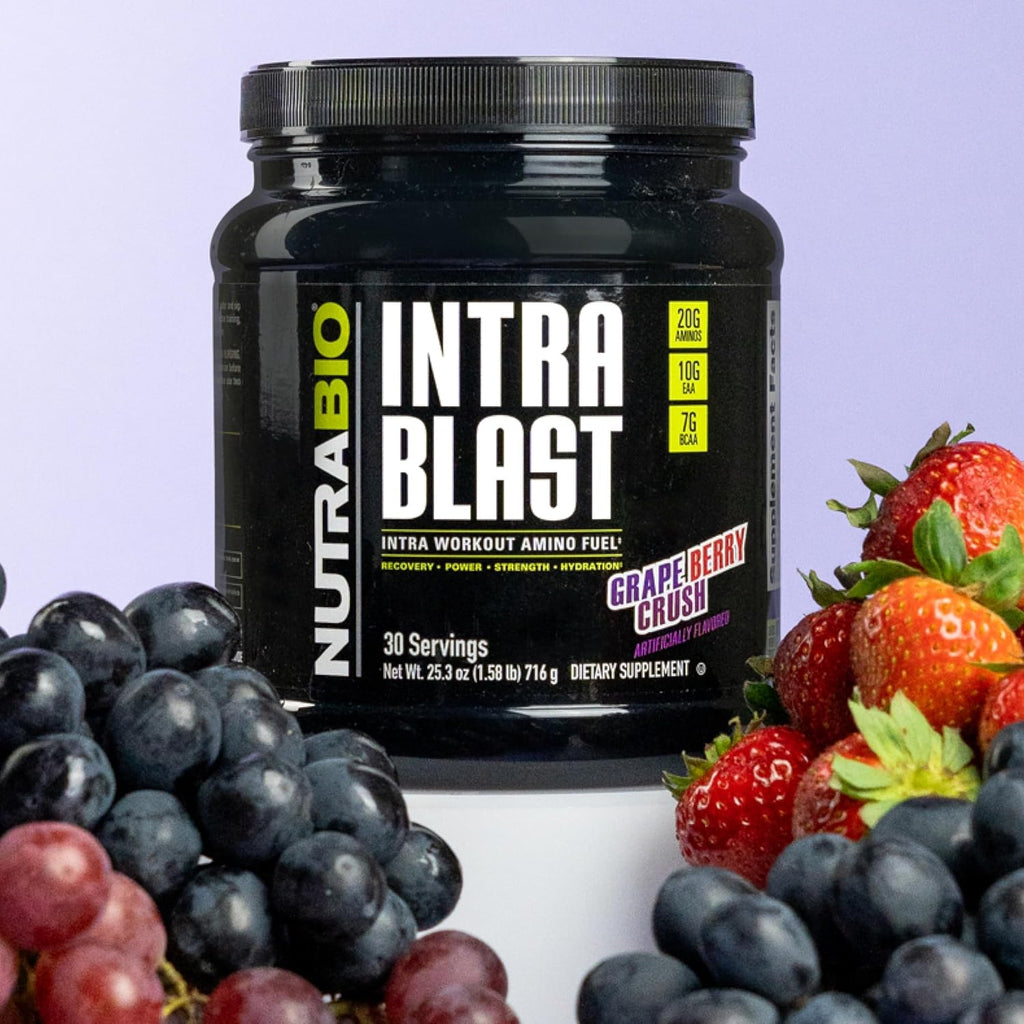 Buy now NutraBio Intra Blast Bcaa Powder Amino Acid Supplement, Electrolyte & Hydration Blend, Intra, Pre Workout & Muscle Recovery, 20g Eaa Amino Acids Powder, 5g Glutamine- Grape Berry Crush, 30 Serving at indiglob india