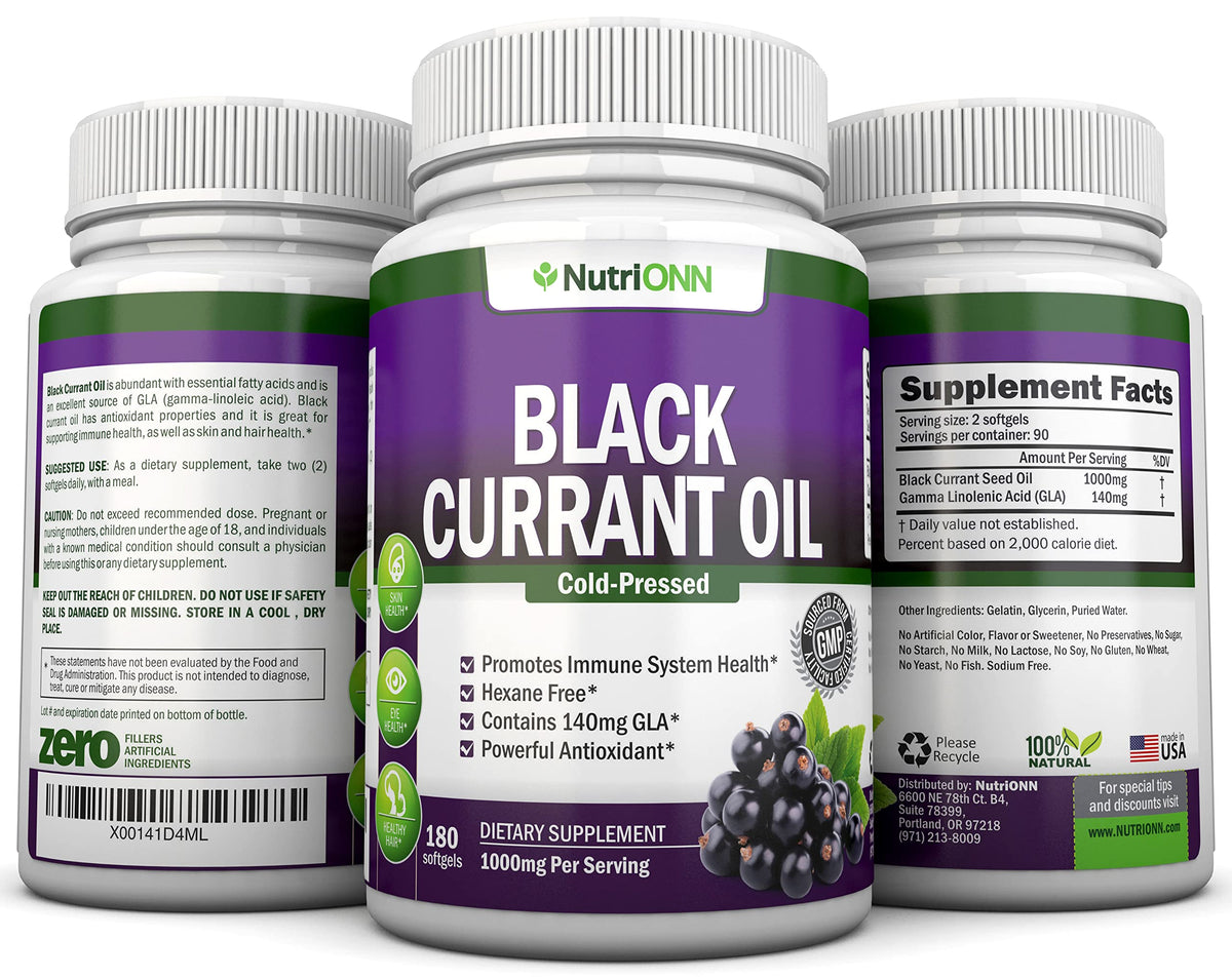 Black Currant Oil - 1000 Mg - 180 Softgels - Cold-Pressed Pure Black Currant Seed Oil - Hexane Free - 140mg GLA Per Serving - Regulates Hormonal Balance - Great For Immune System, Hair and Skin