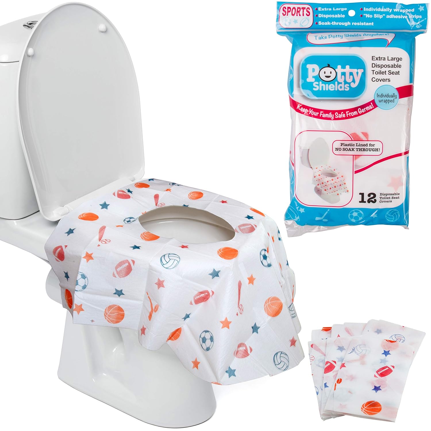Buy now Toilet Seat Covers Disposable (12 Pack, Sports) - XL Waterproof Toilet Cover for Toddlers, Kids & Adults - Portable & Individually Wrapped for Travel, Potty Training & Public Restrooms at indiglob india