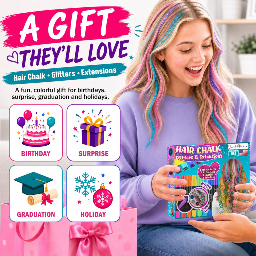 Jim&Gloria Dustless Hair Chalk for Girls Washable with Clip in Hair Extensions, Brushes and Glitters, Temporary Color Dye, Gifts for Teen Girl Trendy Stuff, Teenage 7 8 9 10 11 12 13 14 Year Old