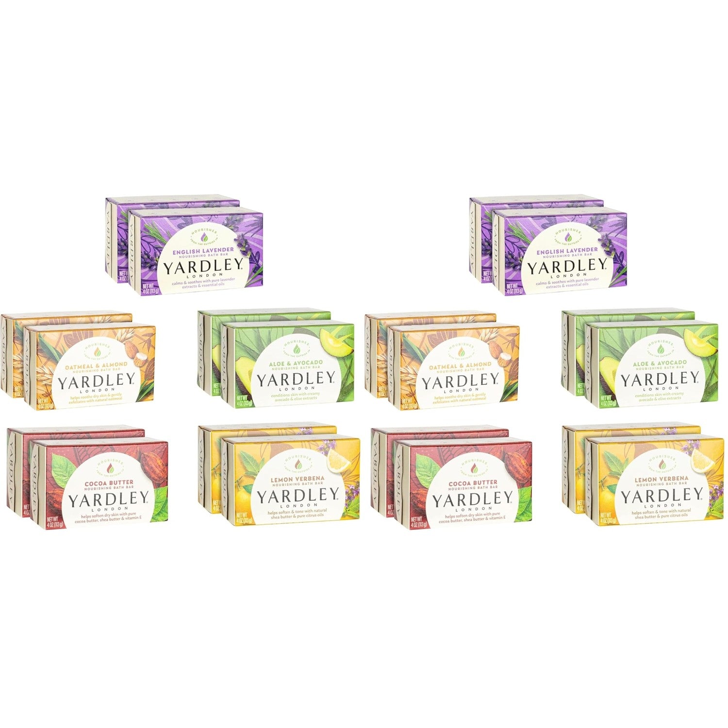 Yardley London Scented Bar Soap Variety Pack - 10 Bars Bath Soap Gift Set for Women & Men: English Lavender, Oatmeal & Almond, Aloe & Avocado, Cocoa Butter, Lemon Verbena Moisturizing Soap Bars