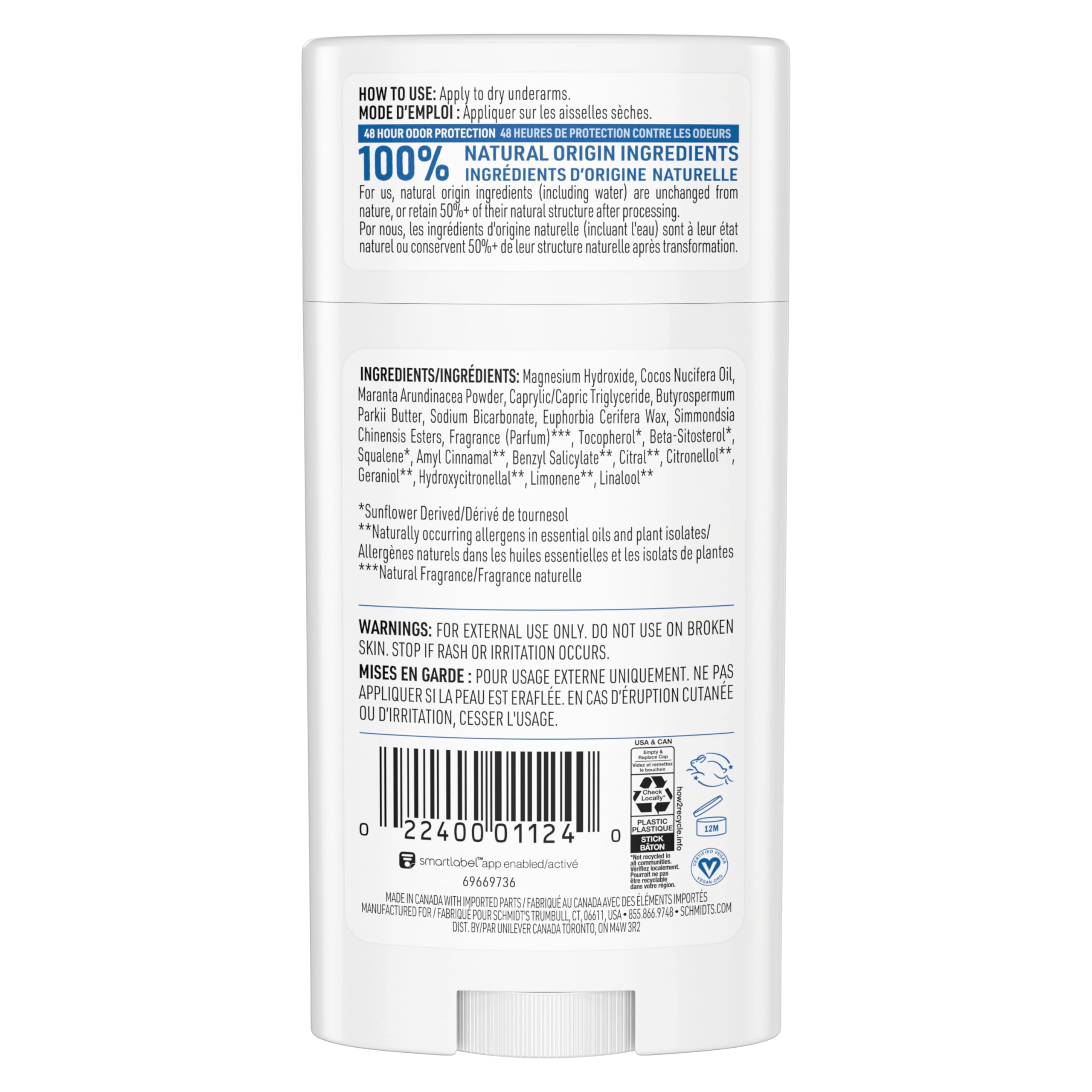 Schmidt's Aluminum-Free Vegan Deodorant Fresh Rain & Birch with 24 Hour Odor Protection, for Women and Men, Natural Ingredients, Cruelty-Free, 2.65 oz