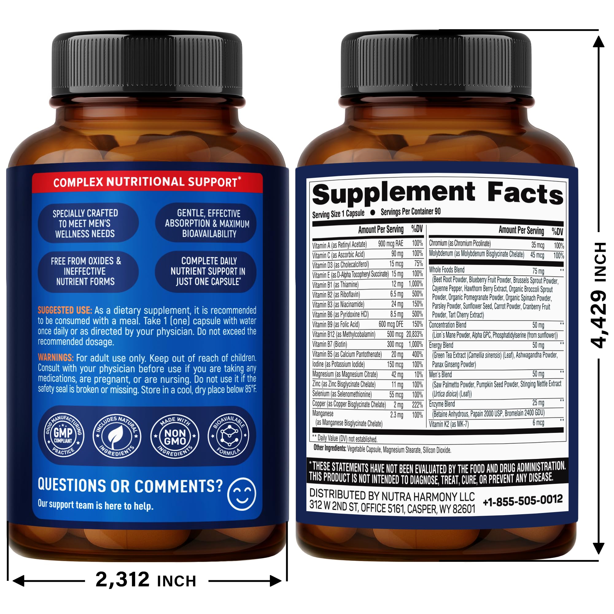 Multivitamin for Men - B-Complex & B12 | Whole Foods & Enzymes - 90 Caps | Mens Multivitamin 46in1 - Energy, Focus & Brain | Men's Health Complex - Bioavailable & Gentle on Stomach - Lab Tested, 1/Day