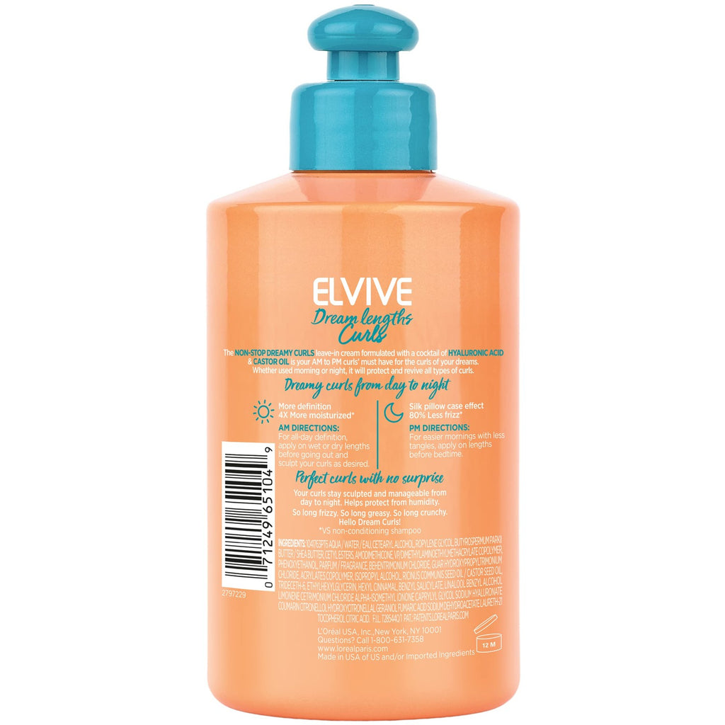L'Oreal Paris Elvive Dream Lengths Curls Non-Stop Dreamy Curls leave-in conditioner, Paraben-Free with Hyaluronic Acid and Castor Oil. Best for wavy hair to coily hair, 10.2 fl oz
