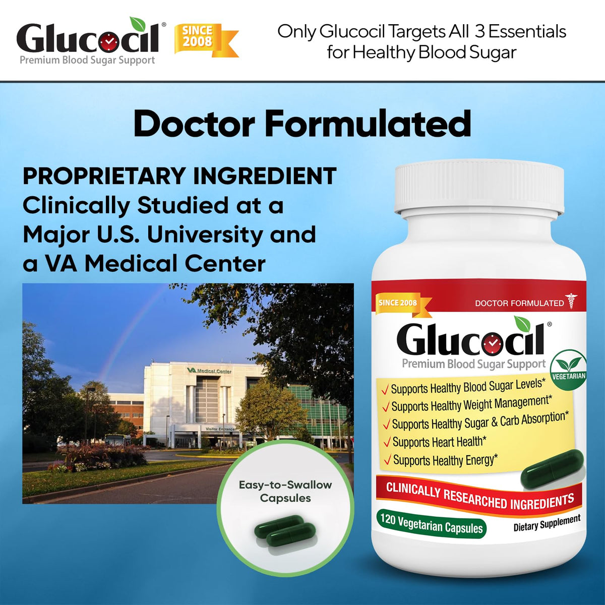 Glucocil – Vegetarian Capsules - Premium Blood Sugar Support - Supports the 3 Essentials for Healthy Blood Sugar - with Berberine, Proprietary Mulberry Leaf, and More