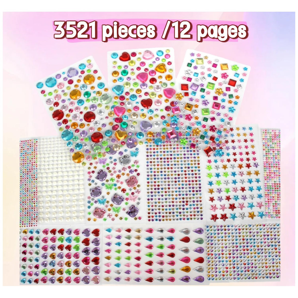 3521 Pieces Self Adhesive Jewels for Crafts, Gems Stickers for Kids, Flat Back Plastic Fake Jewels for Scrapbook Supplies and face gems