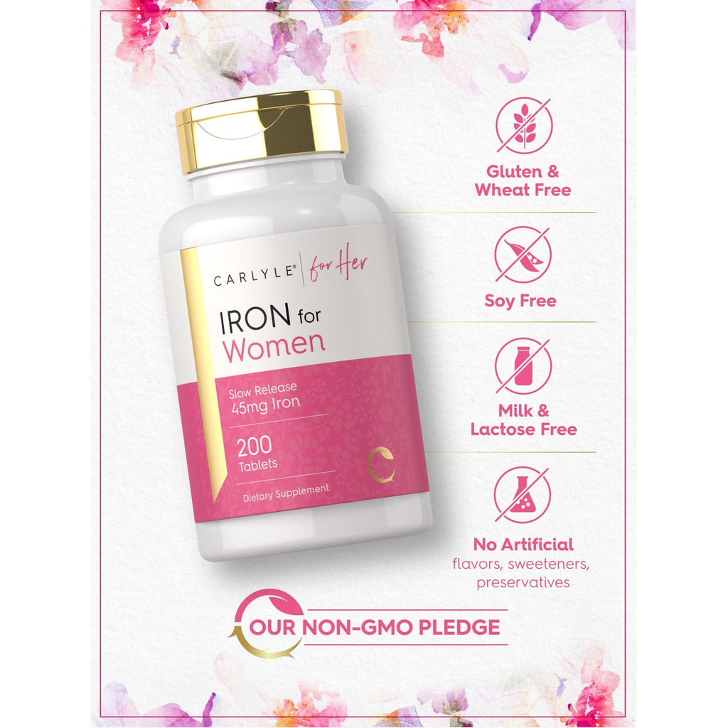 Carlyle Iron Supplement for Women | 200 Slow Release Tablets | Vegetarian, Non-GMO, Gluten Free Pills | for Her
