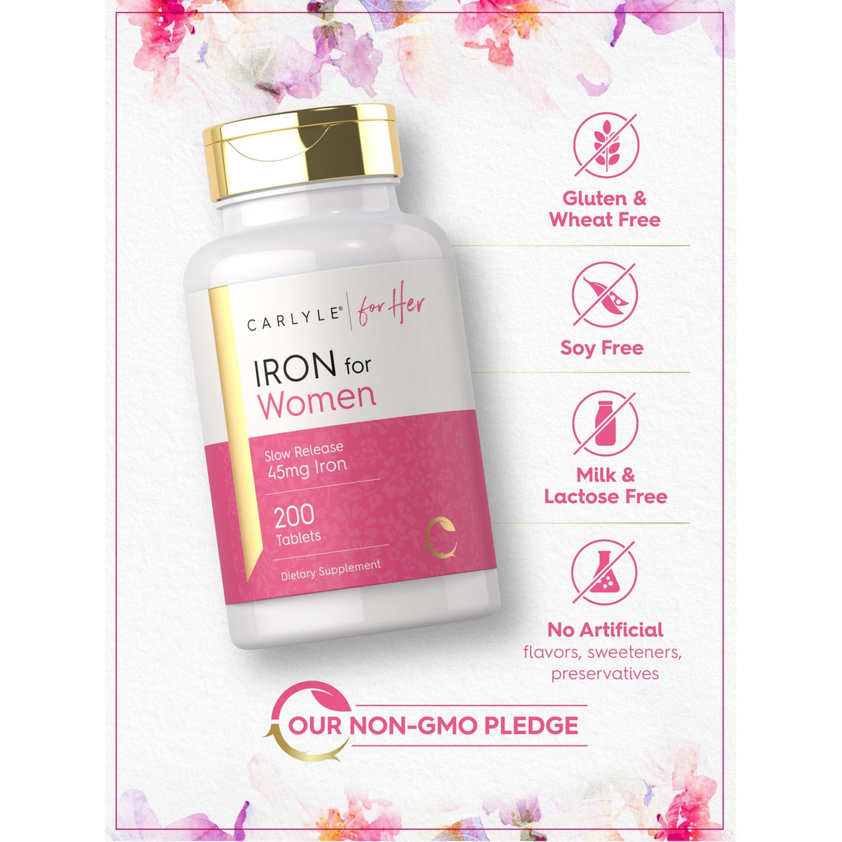 Carlyle Iron Supplement for Women | 200 Slow Release Tablets | Vegetarian, Non-GMO, Gluten Free Pills | for Her