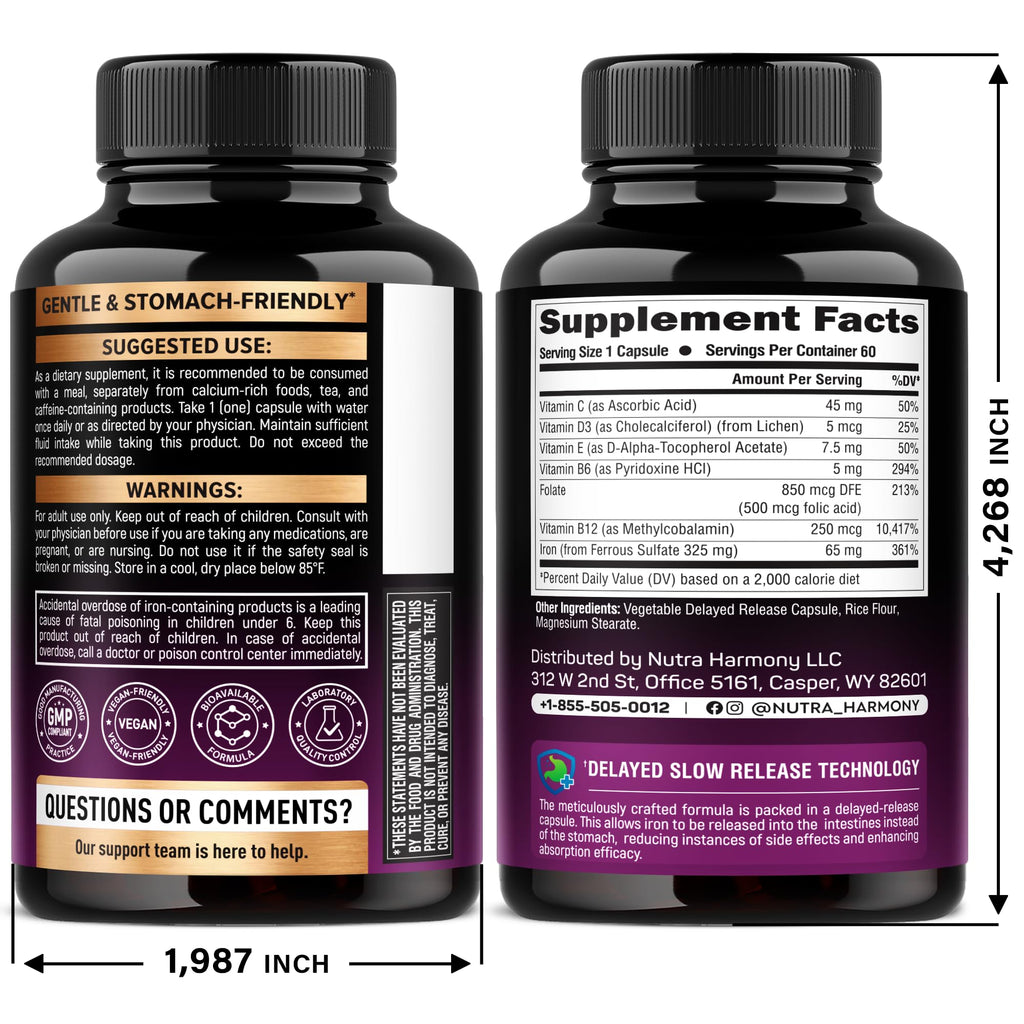 Iron Supplement for Women - Iron 65mg (Ferrous Sulfate 325mg) - 60 Caps | Iron Level & Energy Support - Vitamins C, D3, B6, B12 & Folate - Stomach Friendly, Slow Release, Bioavailable - 60-Day Supply