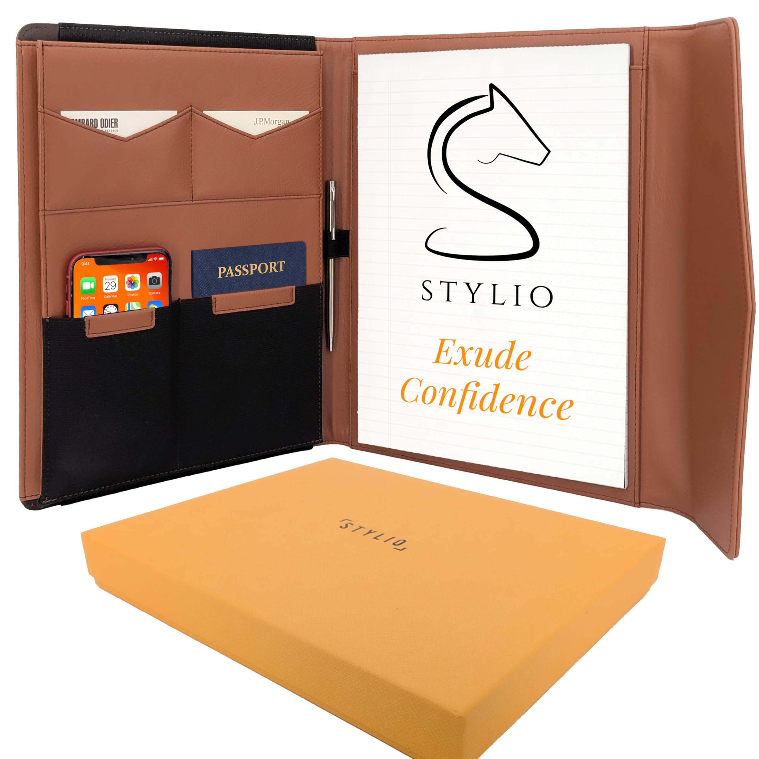 Buy now STYLIO Padfolio Portfolio Organizer Binder | Interview Resume Folder, Legal Document, Business Card Holder |w/Letter-Sized Notepad | Handsome Piano Noir Faux Leather Folio Matte Finish, Accent Stitch Padfolio w Magnetic Clasp (12.5" x 10.2" x 1.6") Tan at indiglob india