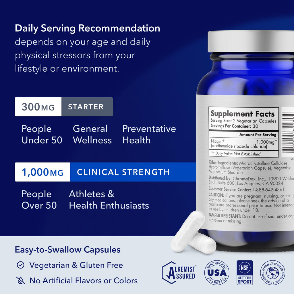 TRU NIAGEN NAD+ Supplement, Nicotinamide Riboside 1000mg, 30 Daily Servings | High-potency NAD+ support: 1000mg Niagen NR daily from two 500mg capsules, supports cellular energy and healthy aging.
