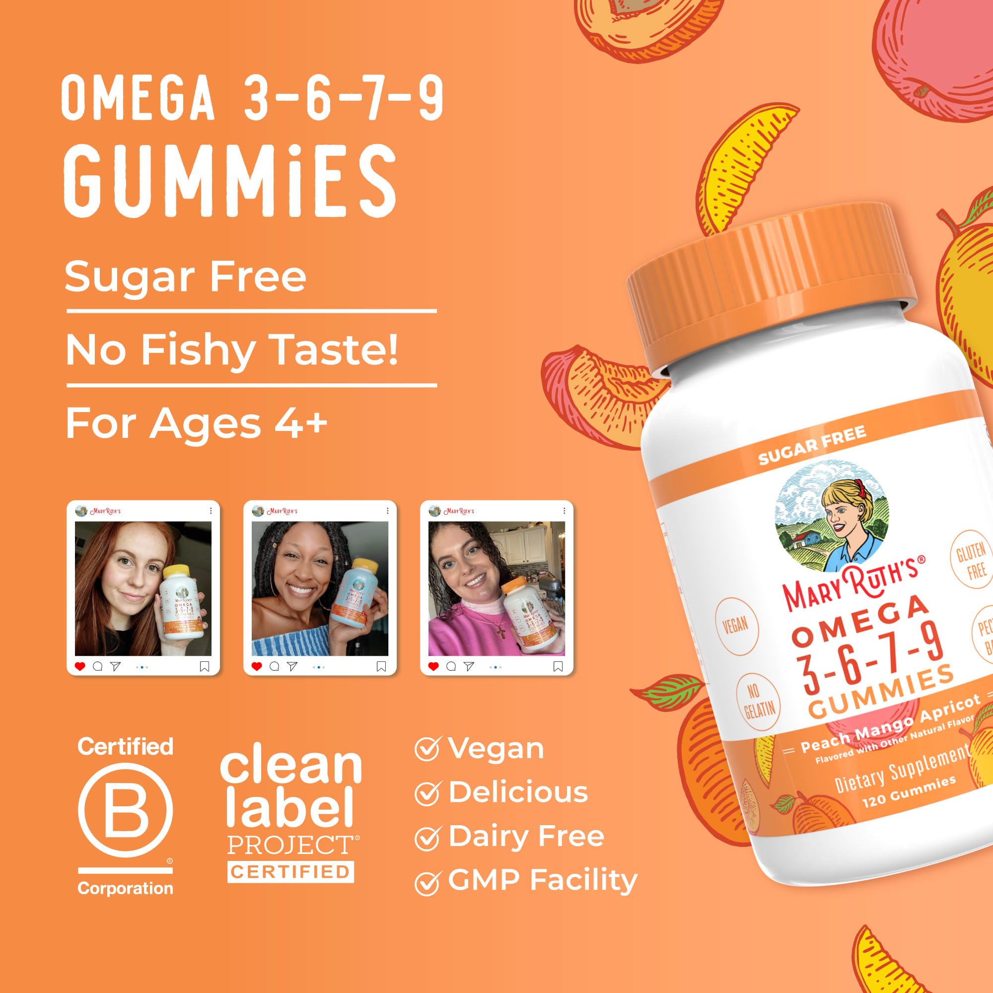 MaryRuth's Vegan Omega 3 6 7 9 Gummies, No Fish Taste, Up to 4 Month Supply | Up to 4 Month Supply, With Flaxseed Oil, No Fish Taste, Non-GMO