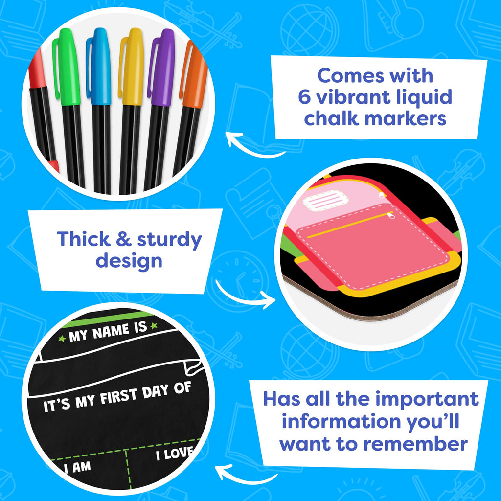 First Day of School Sign Board with Liquid Chalk Markers - 14”x11” Double-Sided & Reusable Board - My First and Last Day - Back to School Supplies - First Day of Kindergarten Preschool