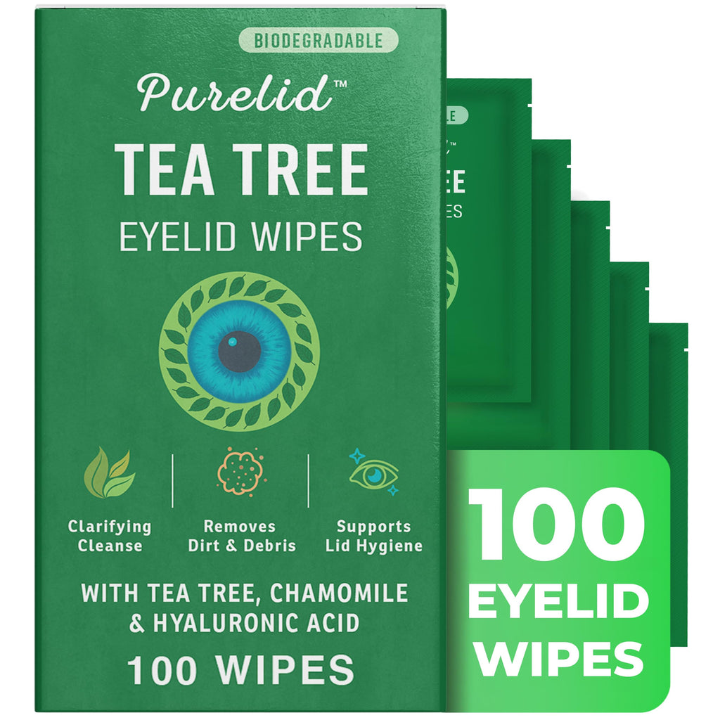 100PCs Tea Tree Eyelid Wipes – Cleaning Eye Wipes for People with Dry Eyes & Allergies – Gentle Eyelid Cleanser with Hyaluronic Acid, Chamomile and Aloe – Individually Wrapped & Biodegradable