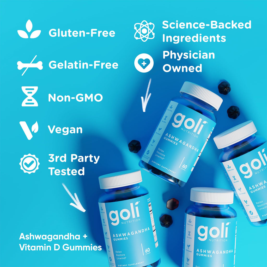 Goli Ashwagandha & Vitamin D Gummy - 300 Count - Mixed Berry, KSM-66, Vegan, Plant Based, Non-GMO, Gluten-Free & Gelatin Free Relax. Restore. Unwind, Pack of 5