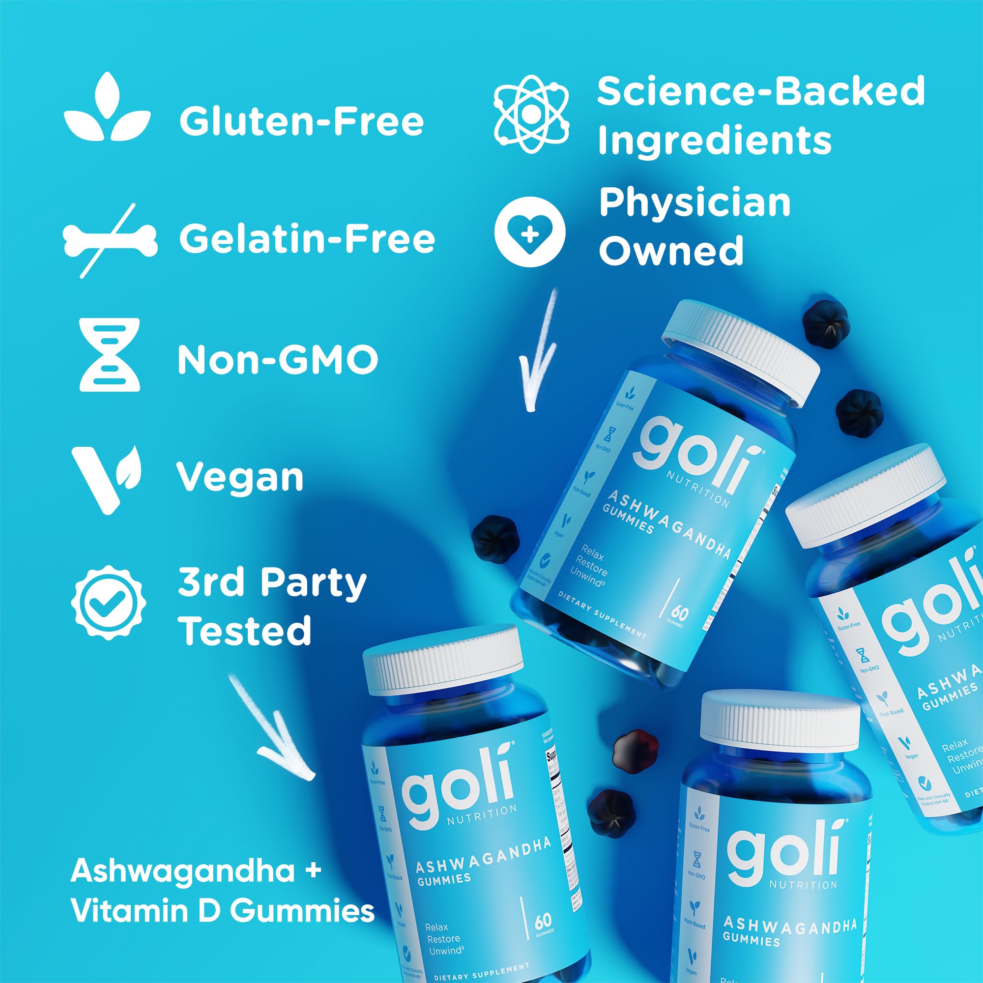 Goli Ashwagandha & Vitamin D Gummy - 300 Count - Mixed Berry, KSM-66, Vegan, Plant Based, Non-GMO, Gluten-Free & Gelatin Free Relax. Restore. Unwind, Pack of 5