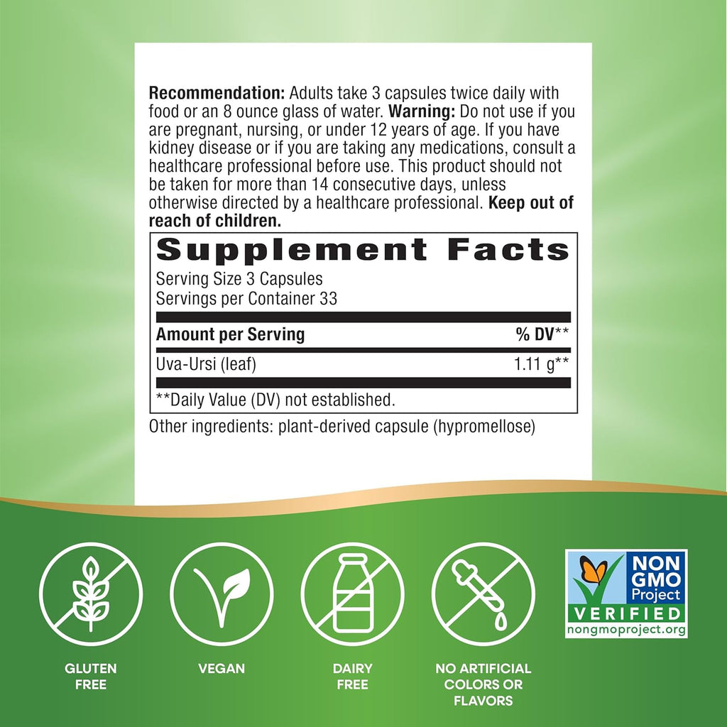 Buy now Nature's Way Uva Ursi Leaves, Traditional Urinary Support*, 1,110 mg per 3-Capsule Serving, Non-GMO Project Verified, Herbal Dietary Supplement, Gluten Free, 100 Vegan Capsules (Packaging May Vary) at indiglob india