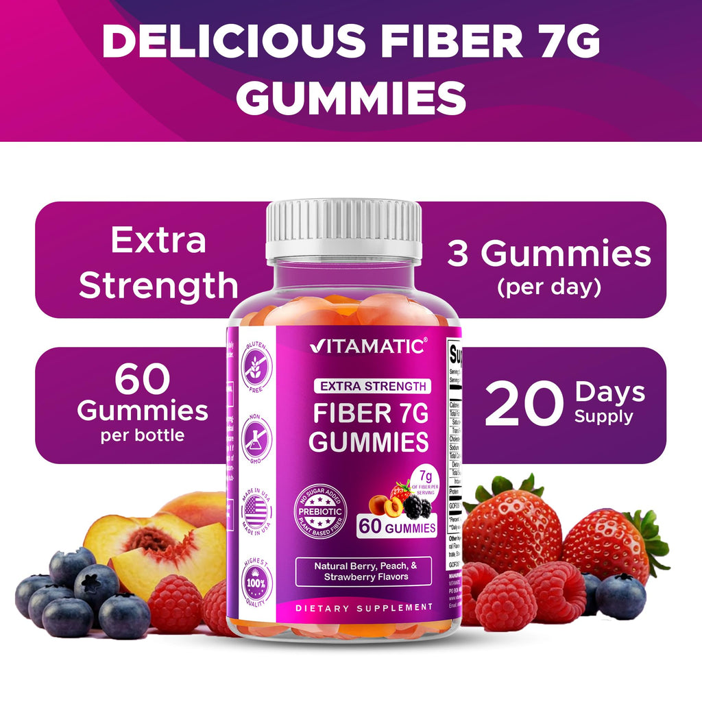 Vitamatic Prebiotic Fiber Gummies for Adults – 7g Fiber per Serving – 60 Pectin-Based Gummies Extra Strength, Zero Sugar Added – Supports Digestive Health & Regularity – Non-GMO, Vegan, Gluten-Free
