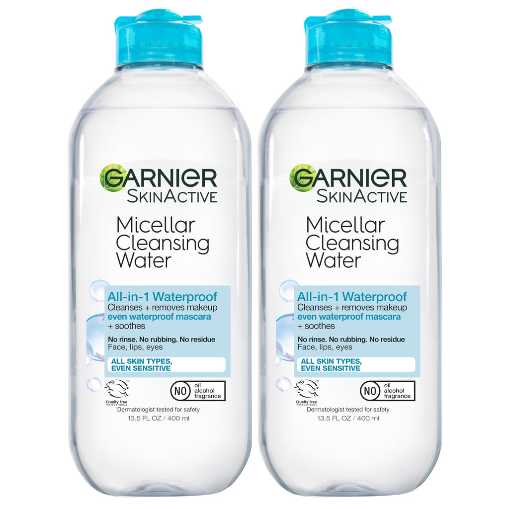 Buy now Garnier Micellar Water for Waterproof Makeup, Hydrating Facial Cleanser & Makeup Remover, Suitable for Sensitive Skin, Vegan, Cruelty Free, 13.5 Fl Oz (400mL), 2 Count at indiglob india