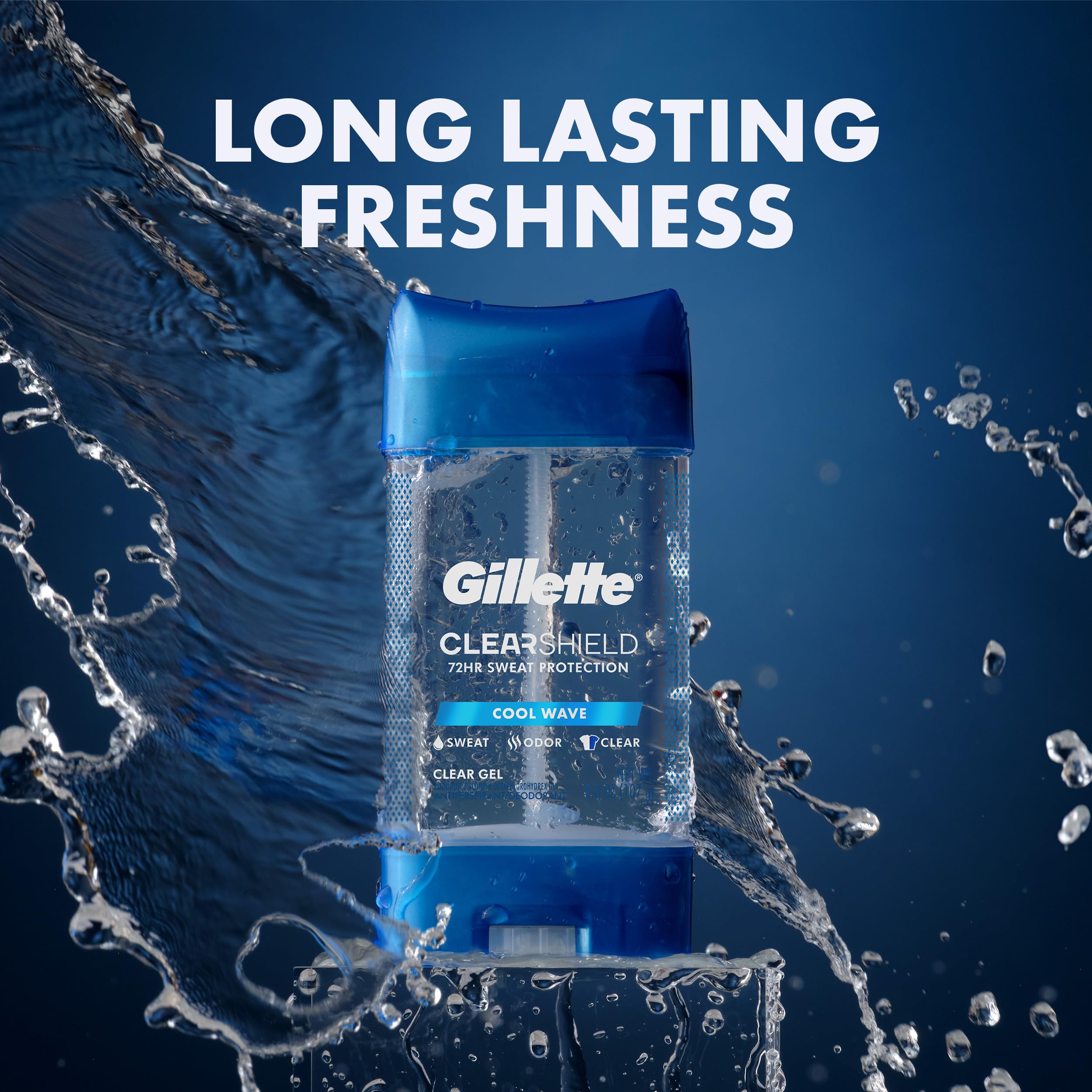 Gillette Antiperspirant and Deodorant for Men, 72hr Sweat & Odor Protection, Long Lasting Freshness, Anti-White Mark Technology, Clear Gel, Cool Wave Scent, 0.5 oz