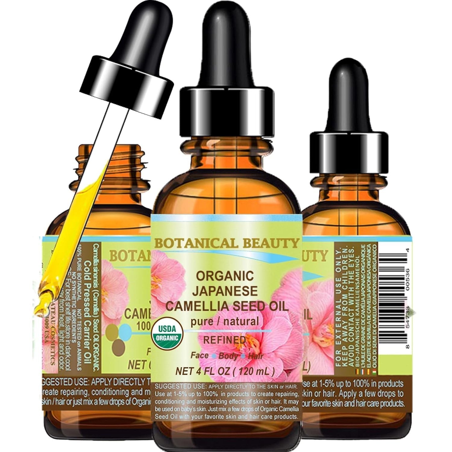 Buy now Botanical Beauty Japanese ORGANIC CAMELLIA Seed Oil. 100% Pure Natural Undiluted Refined Cold Pressed Carrier Oil to revitalize and rejuvenate the hair, skin and nails. 4 Fl. oz 120 ml at indiglob india