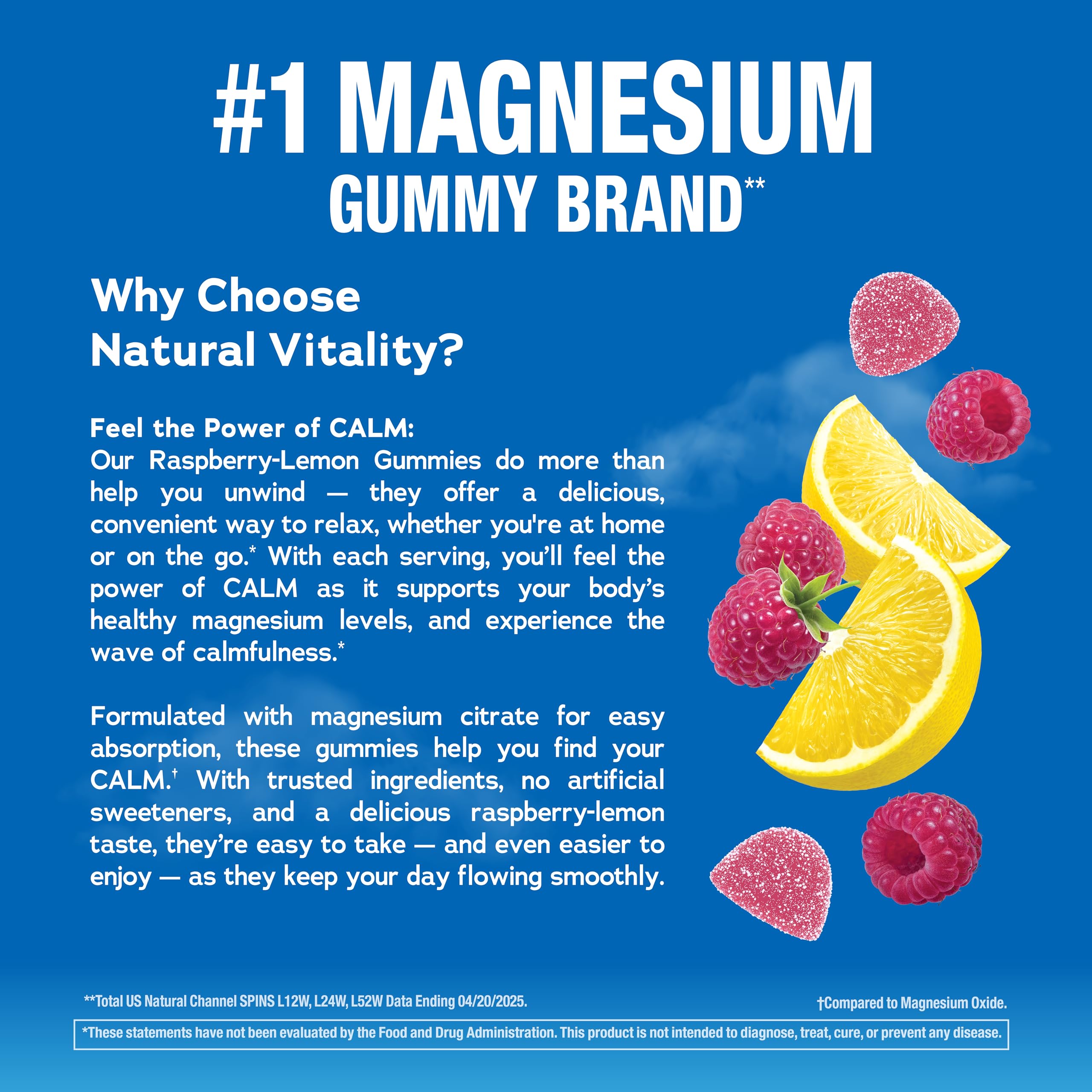 Natural Vitality Calm Magnesium Gummies | 330mg Per Serving | Raspberry Lemon Flavored Supplement | Gluten-Free & Vegan | 120 Count