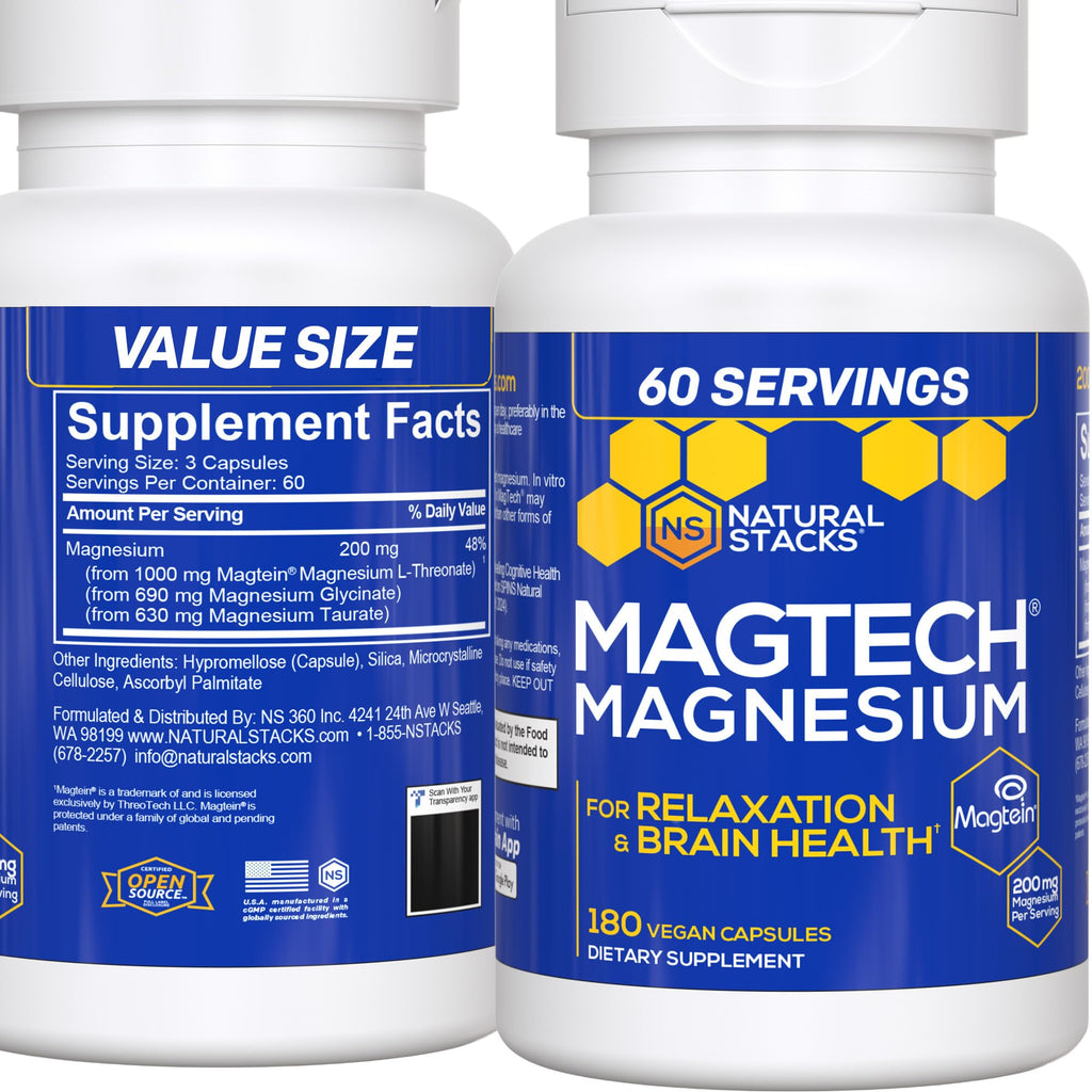 MagTech Magnesium Complex Glycinate, L-Threonate and Taurate, 90 Capsules | Advanced 3 in 1 200mg Chelated Triple Blend w/ Magtein - Supports Relaxation & Brain Health for Women & Men - Natural Stacks